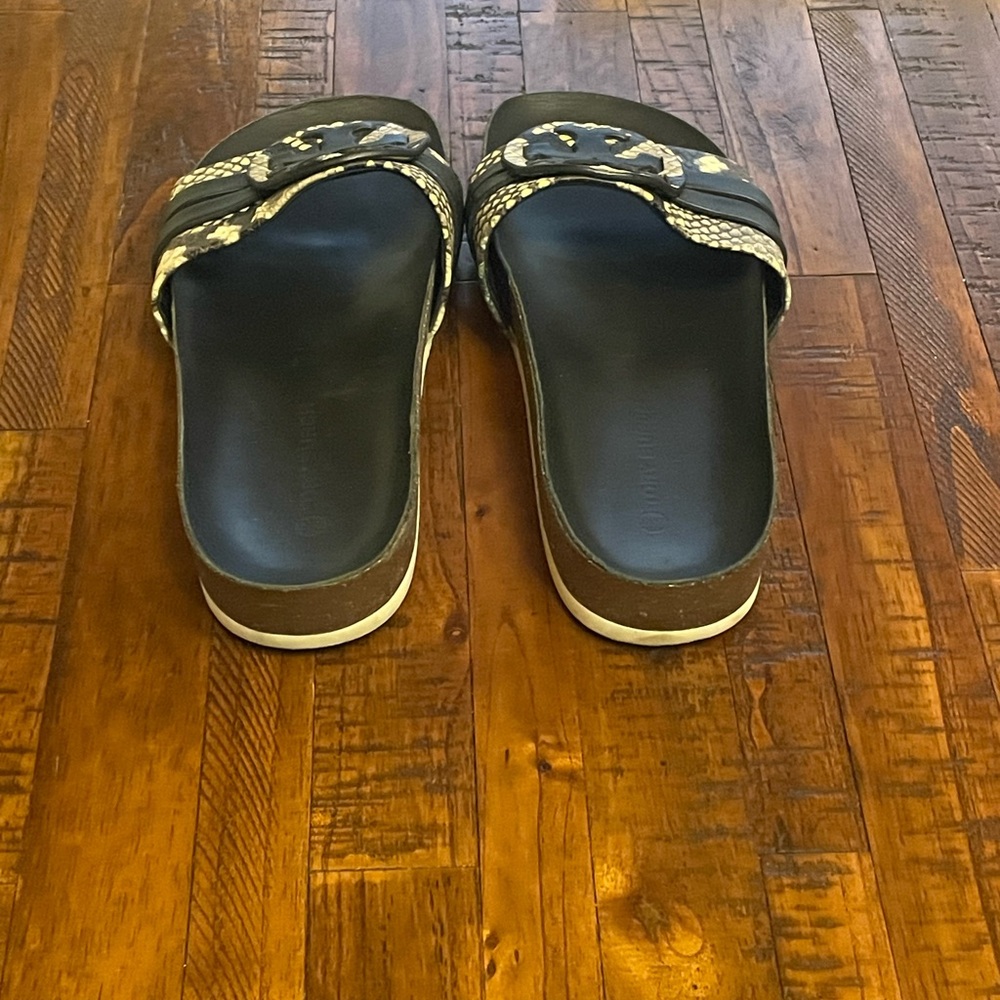 Tory Burch Black and Beige Snake-Print Logo Slide Sandals - Picture 3 of 5